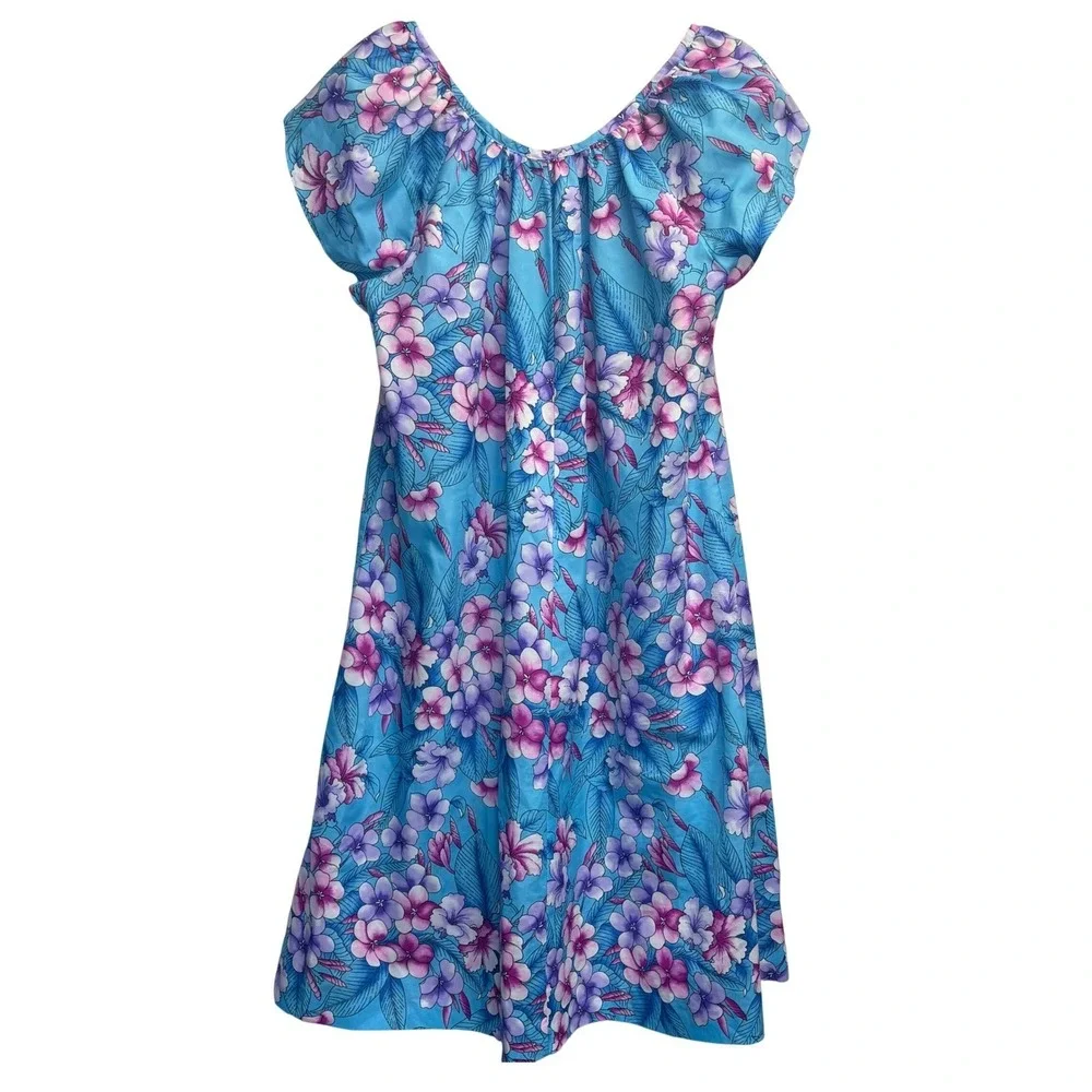 VTG Hilo Hatties Dress Blue Floral Flutter Sleeve Muumuu Hawaiian Tropical XL‎